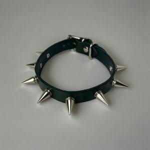 Green real leather spiked collar choker for BDSM play
