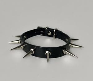 Black leather spiked choker with durable, stylish design for BDSM play and gothic fashion, Leather Spiked Collar Long Gothic Day Choker Black
