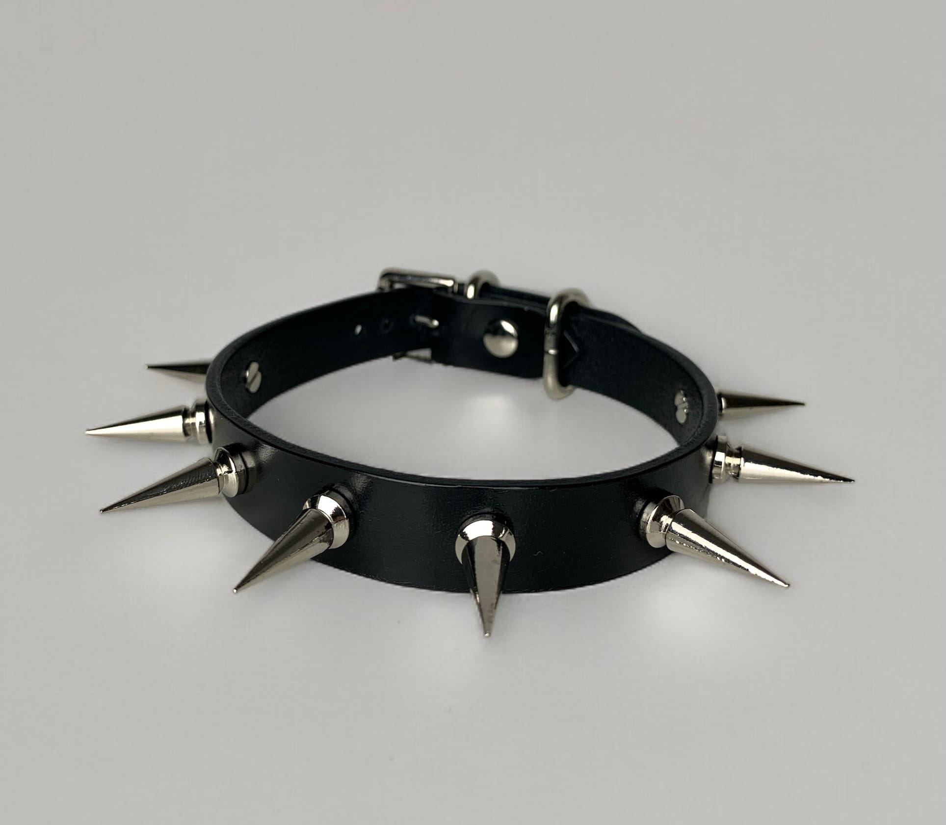 Black leather spiked choker with durable, stylish design for BDSM play and gothic fashion, Leather Spiked Collar Long Gothic Day Choker Black