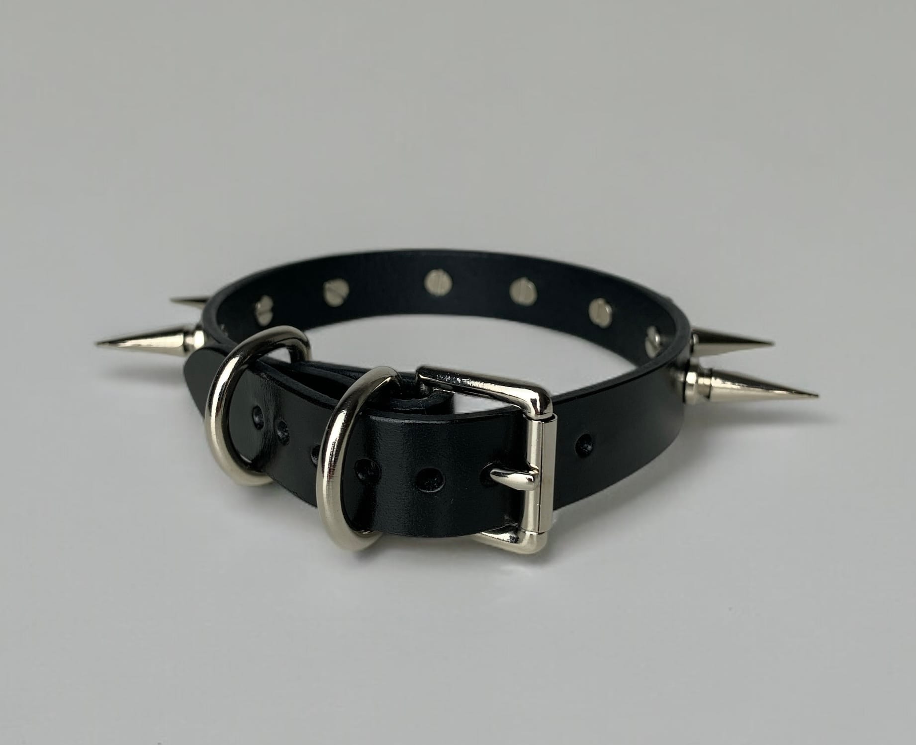 Adjustable black Leather Spiked Collar Long Gothic Day Choker for BDSM enthusiasts made from genuine leather