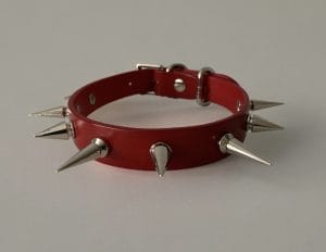 Spiked Collar Women: Close-up of Red Mixed Size Spike Real Leather Collar with Italian leather