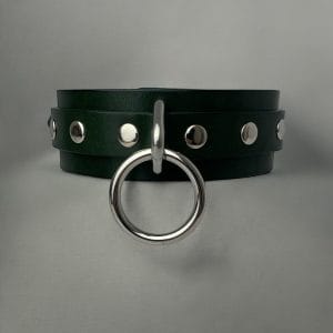 Fashionable black leather choker with bold silver O-ring for casual or intimate wear.